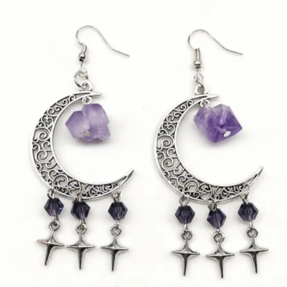 Silver and Purple Crescent Moon Earrings